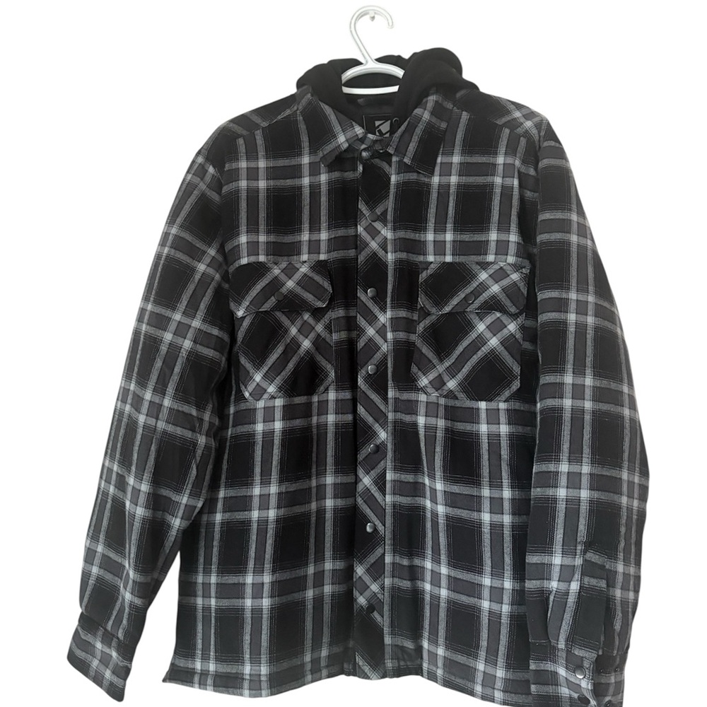 Black Plaid Hooded jacket with zipper and buttons